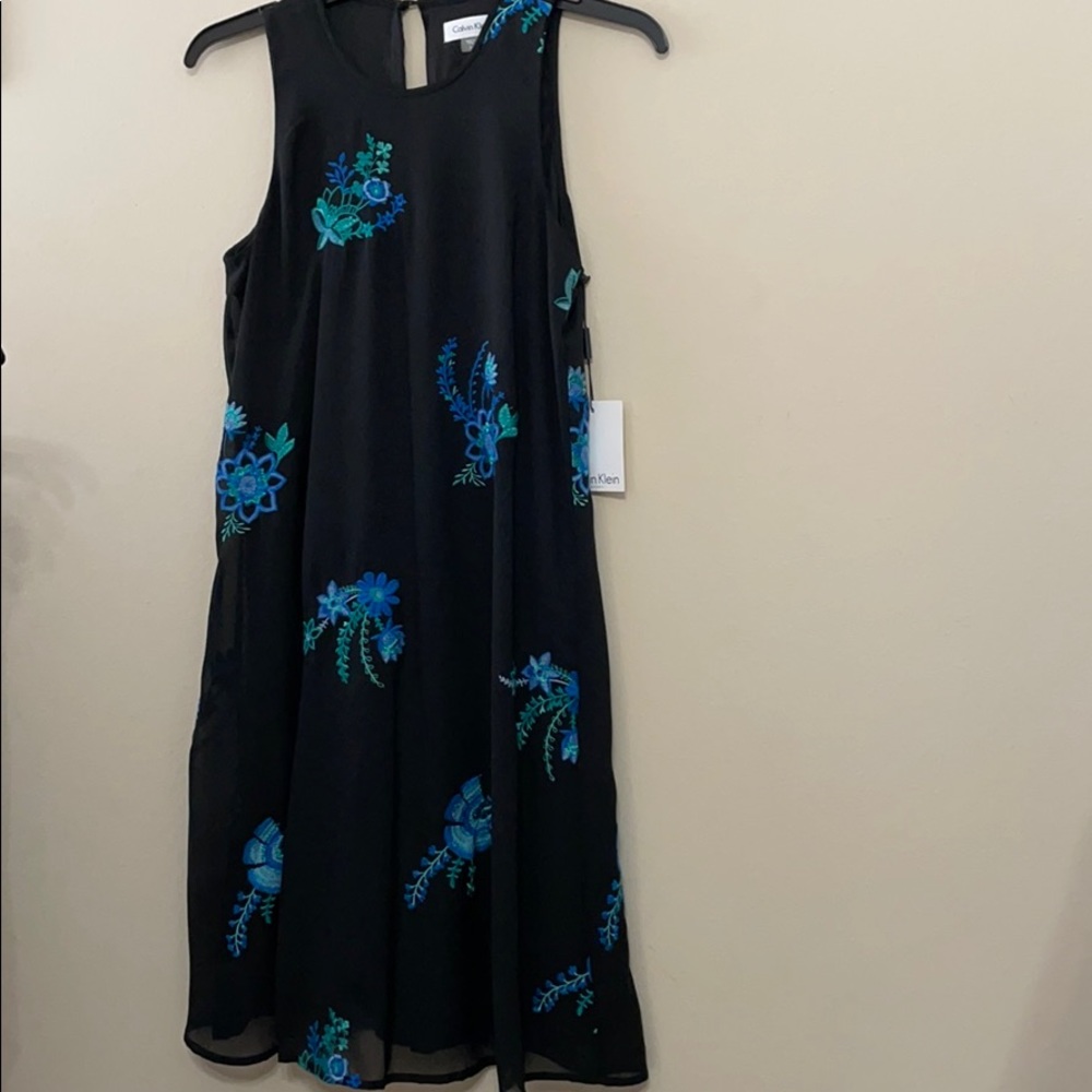 Calvin Klein Black Midi Dress with Blue & Teal Floral Embroidery
